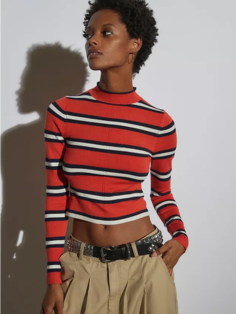 Urban Outfitters Red Navy White Striped Mock Neck Long Sleeve Top